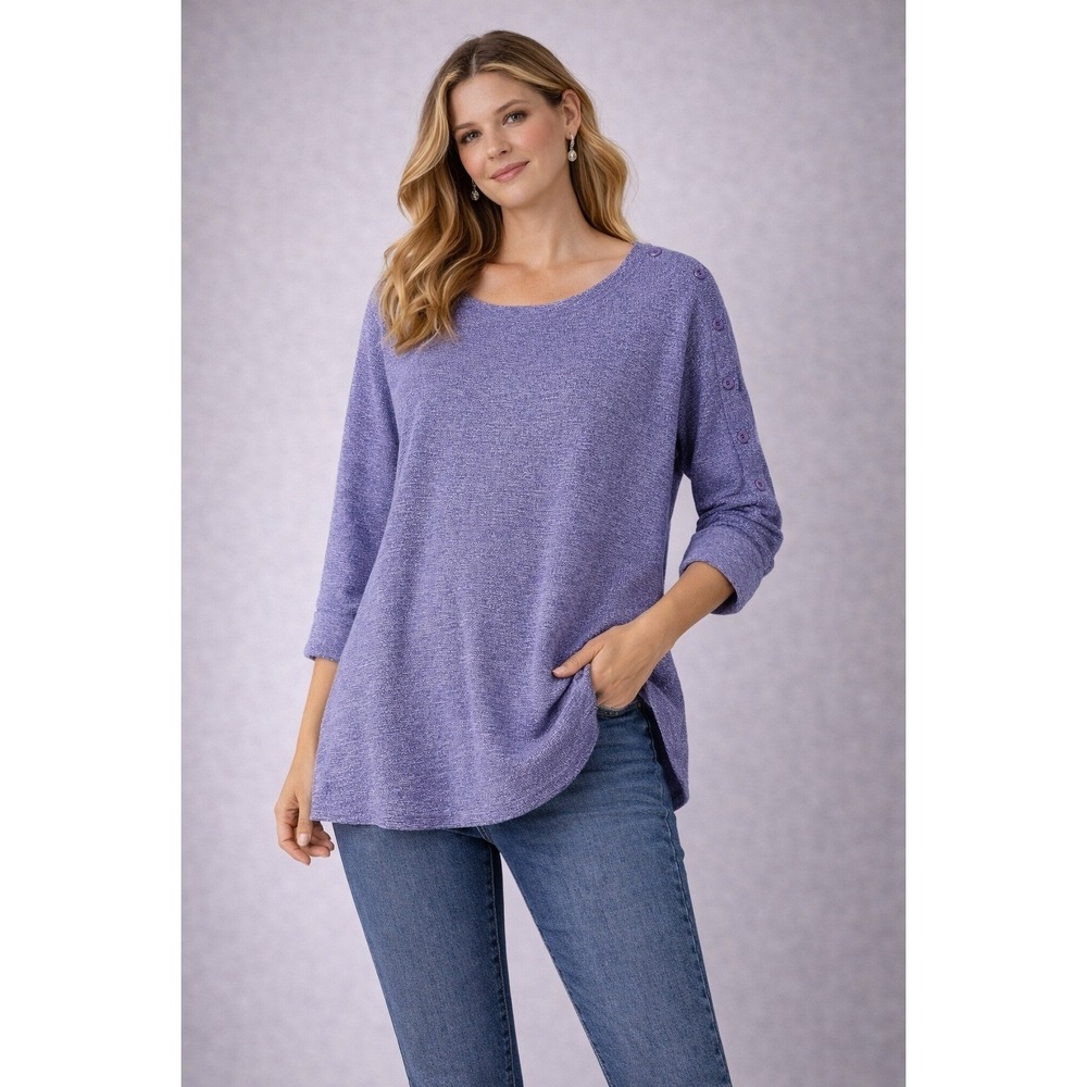 Talbots Sweater‎ Plus 3X Purple Marled Knit  Button Shoulder 3/4 Sleeve Top